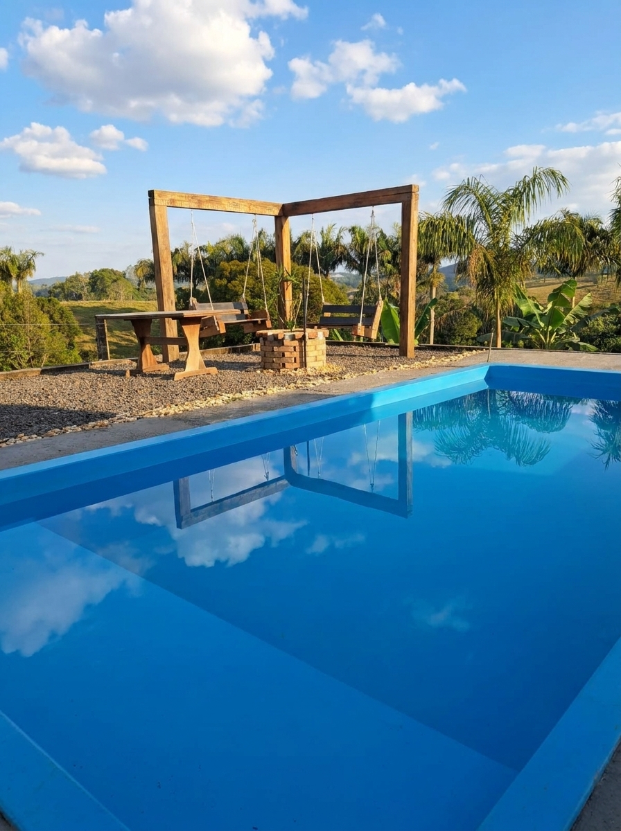 Piscina da Pousada Caminho da Neve com vista panorâmica da natureza e balanço